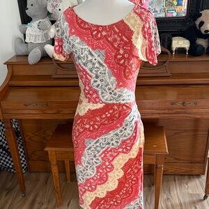 BCBGMaxAzria Red and Cream Lace Midi Dress